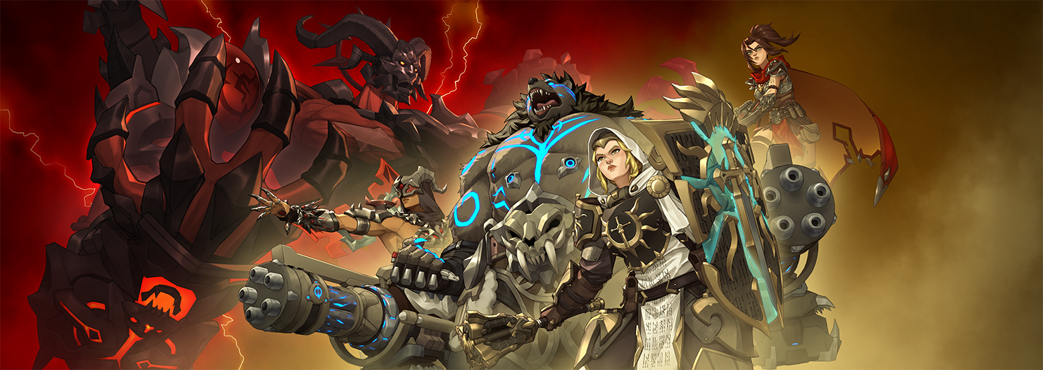 Official Overwatch x Hatred's Reckoning crossover lineup artwork.