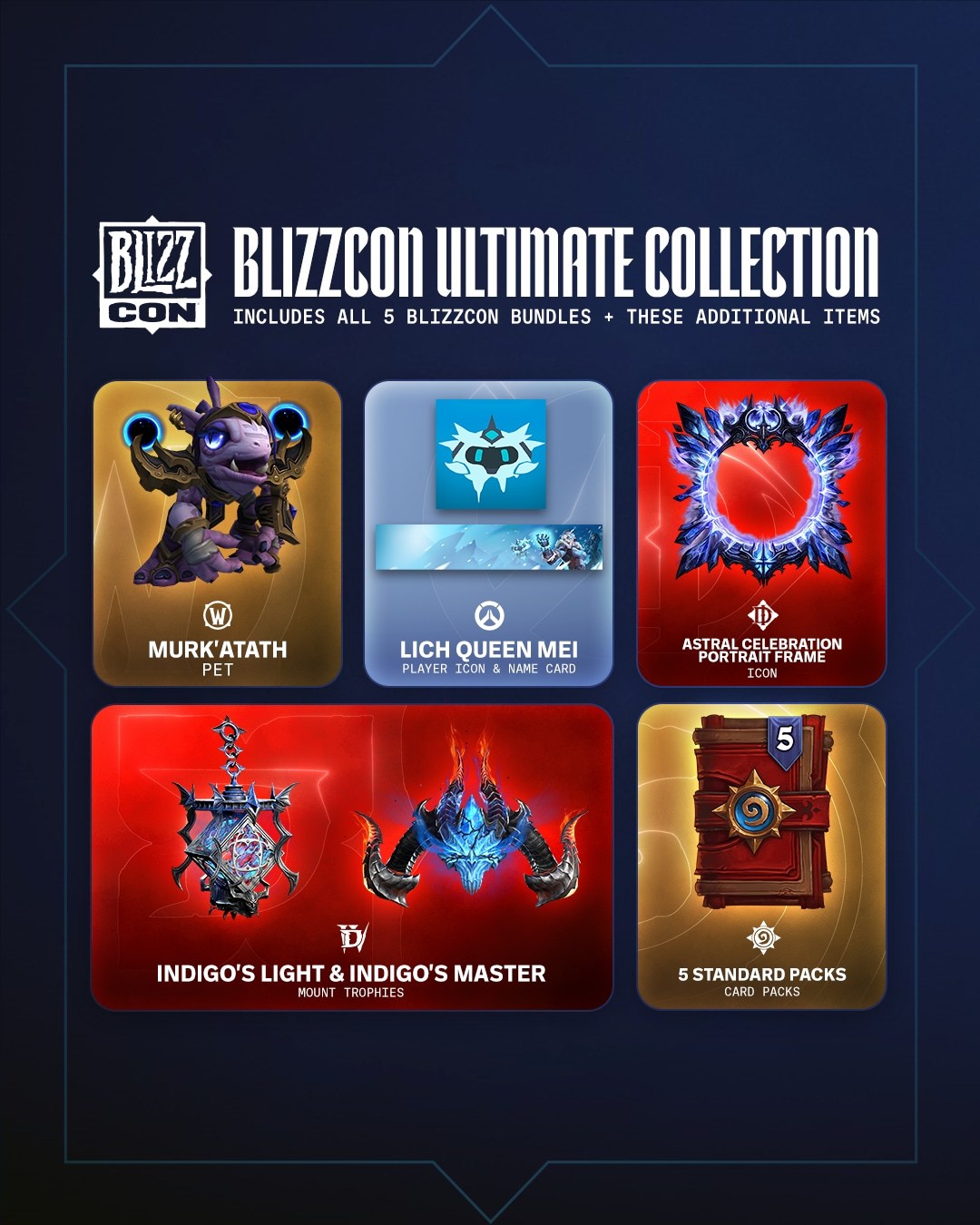 Official Blizzard graphic showing the additional BlizzCon 2026 Ultimate Collection bonuses for World of Warcraft, Overwatch, Diablo IV, Diablo Immortal, and Hearthstone.