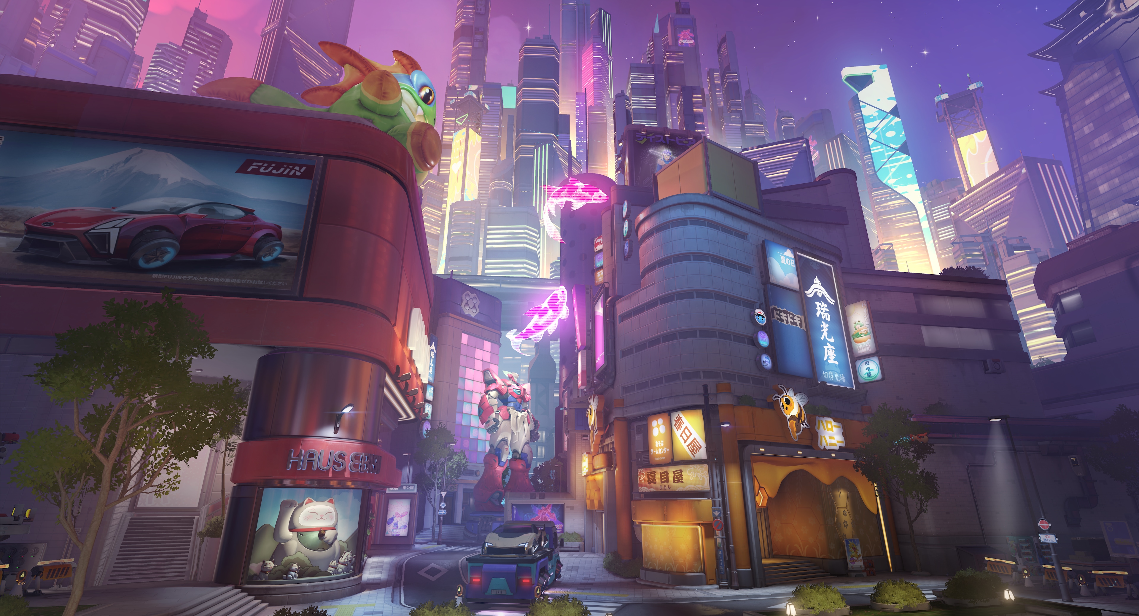 Official overhead artwork of Overwatch's Neon Junction map at night.