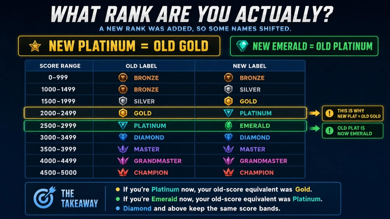 Comparison chart showing old and new Hero Skill Rating labels, including old Gold 2000 to 2499 becoming Platinum.