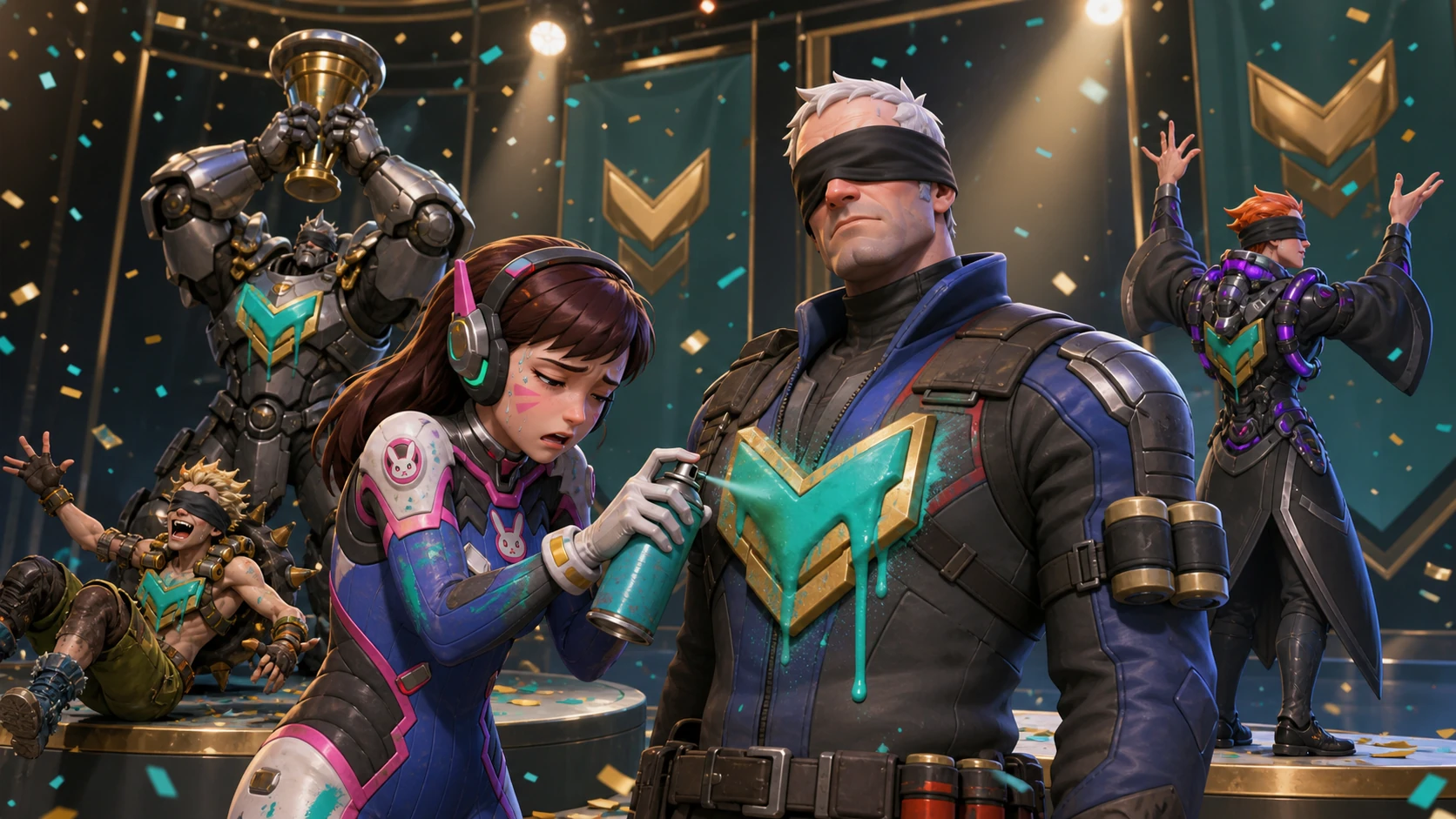 D.Va spray-paints a scratched gold badge teal on blindfolded Soldier: 76 while blindfolded Overwatch heroes celebrate behind them.