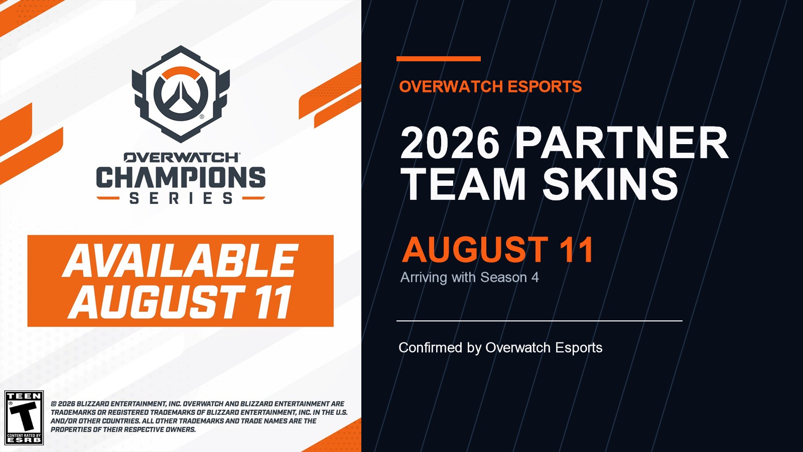 Official OWCS 2026 partner team skins date card presented in a Payload Wire layout confirming an August 11 release.