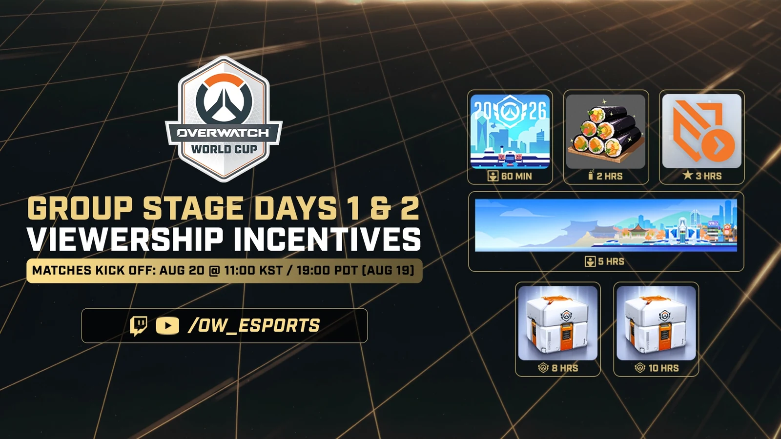 Official Overwatch World Cup Group Stage Days 1 and 2 viewership incentives graphic.