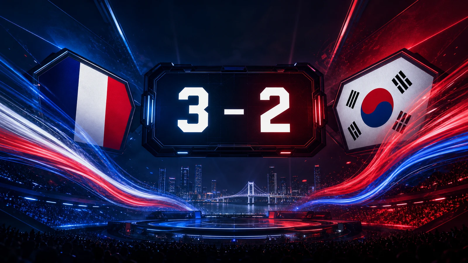 Editorial esports scoreboard showing France defeating South Korea 3–2 in Busan.