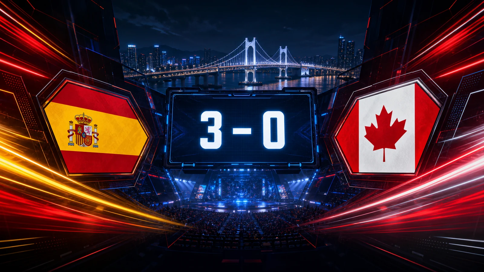 Editorial esports scoreboard showing Spain defeating Canada 3–0 in Busan.
