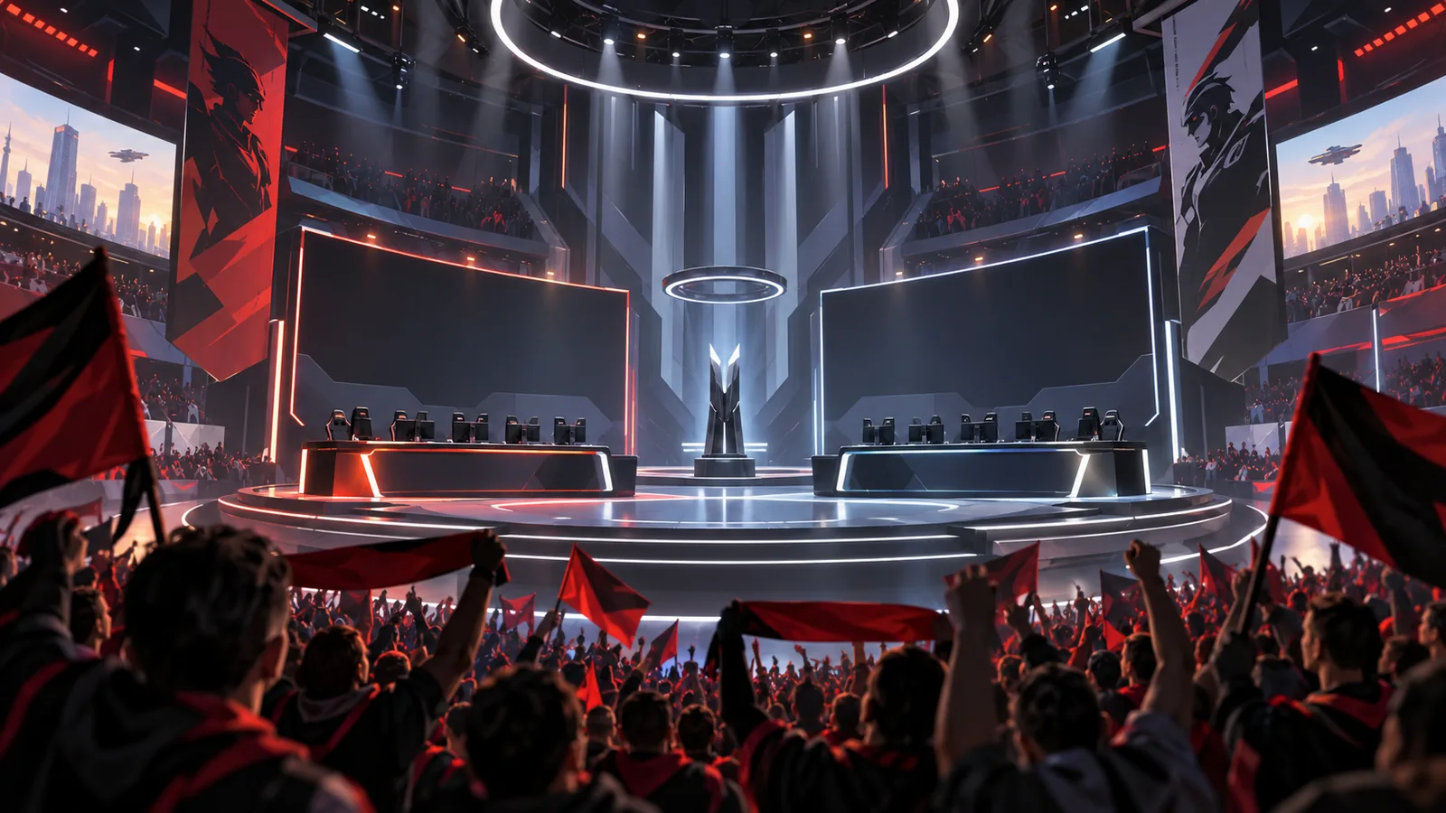 Original editorial illustration of an esports desk and a disconnected sponsor display.