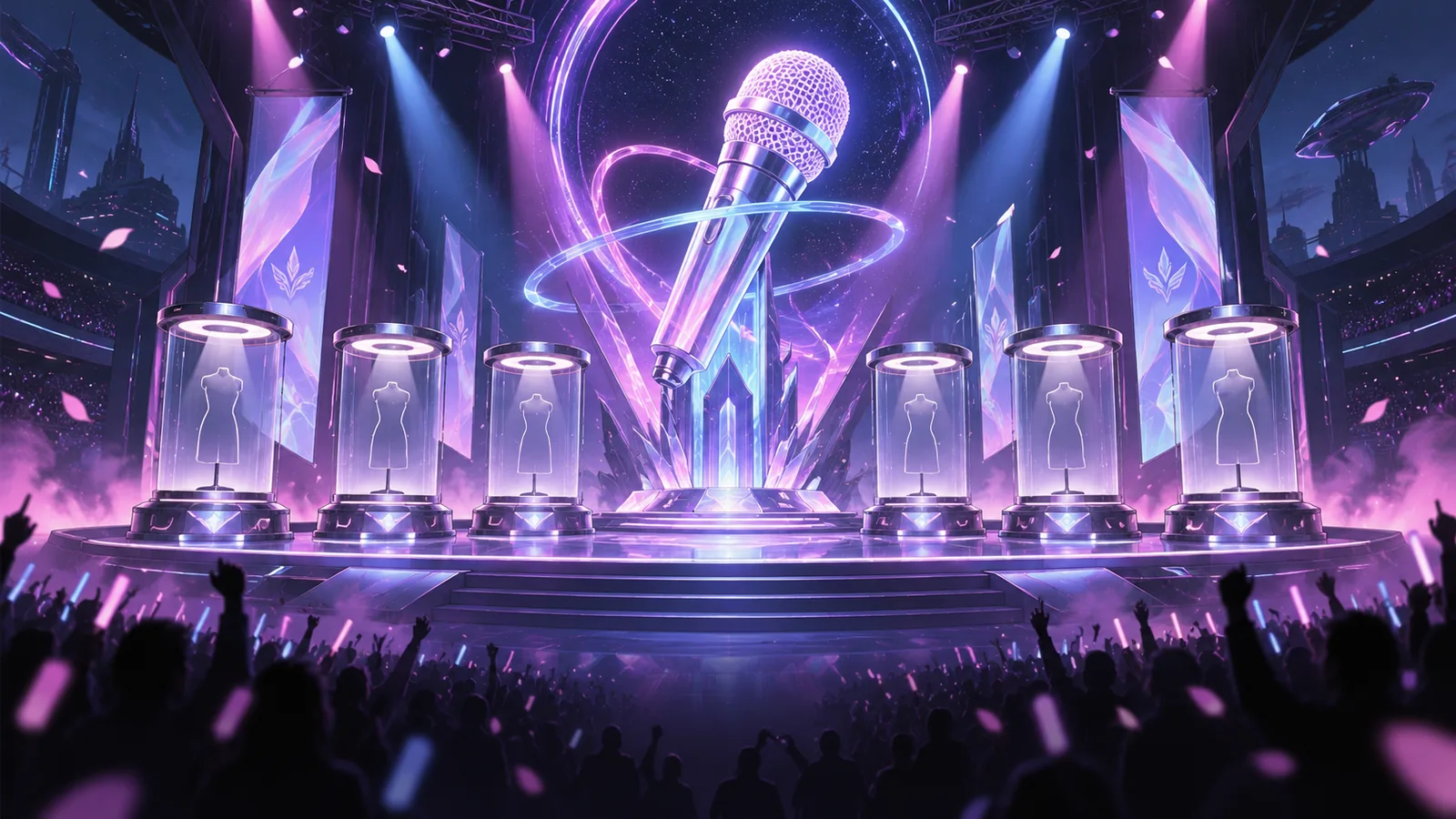 Original editorial illustration of a neon concert stage celebrating a music and game collaboration.