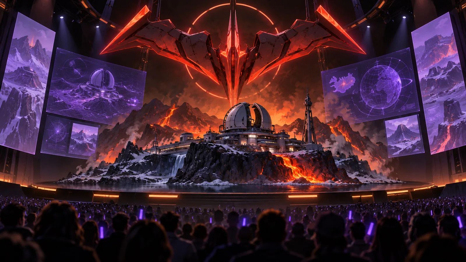 Original editorial illustration of a futuristic convention stage illuminated in orange and blue.
