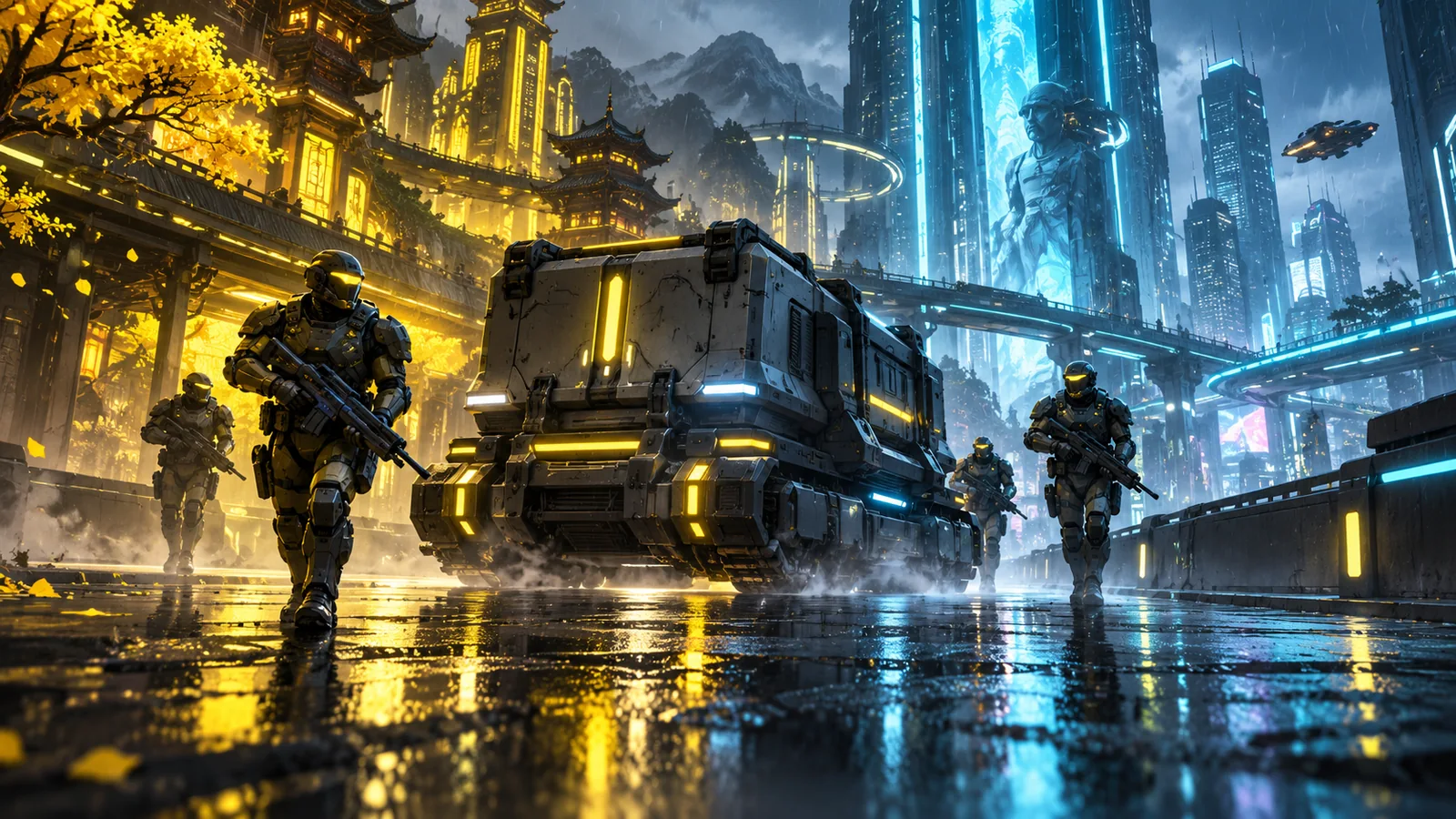 Original editorial illustration of a rain-soaked neon city and silhouetted futuristic heroes.