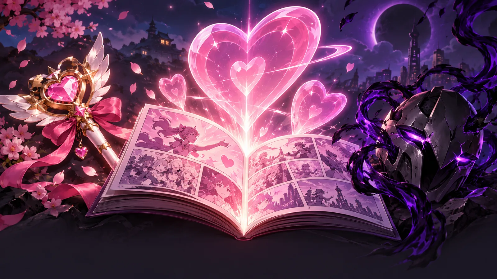 Original editorial illustration of magical heroes and luminous heart motifs in a fantasy city.