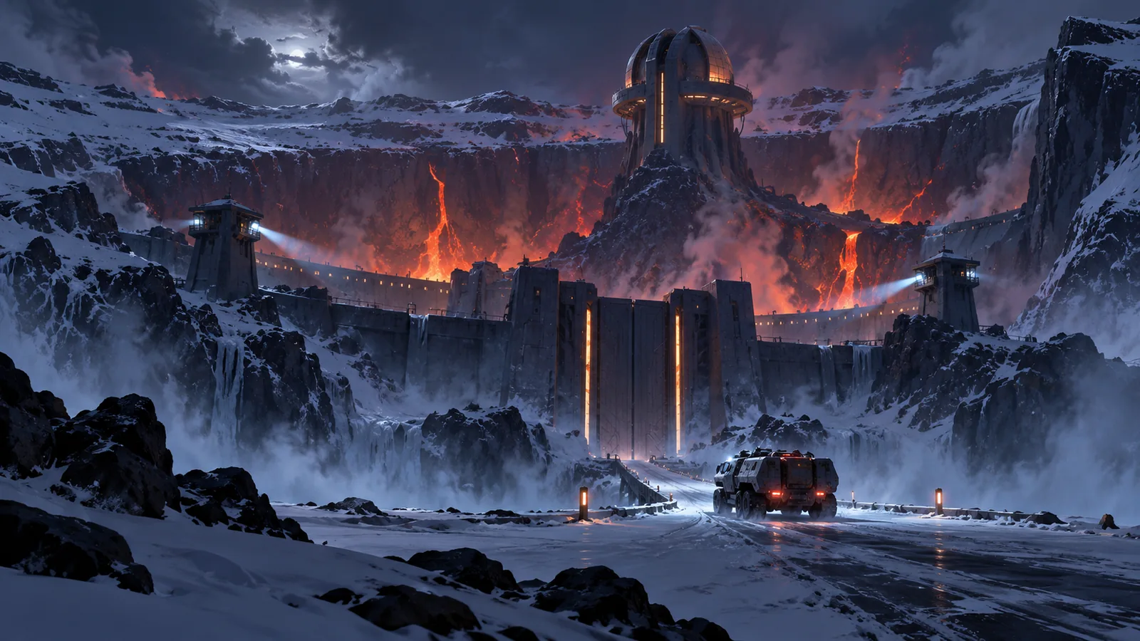 Original editorial illustration of a futuristic volcanic prison in a frozen Icelandic landscape.