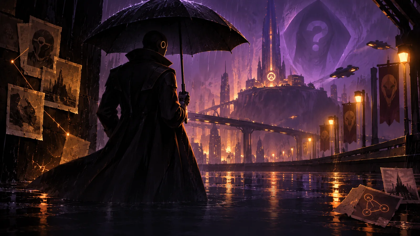 Original editorial interpretation of a mysterious omnic figure, Justice imagery and an umbrella.