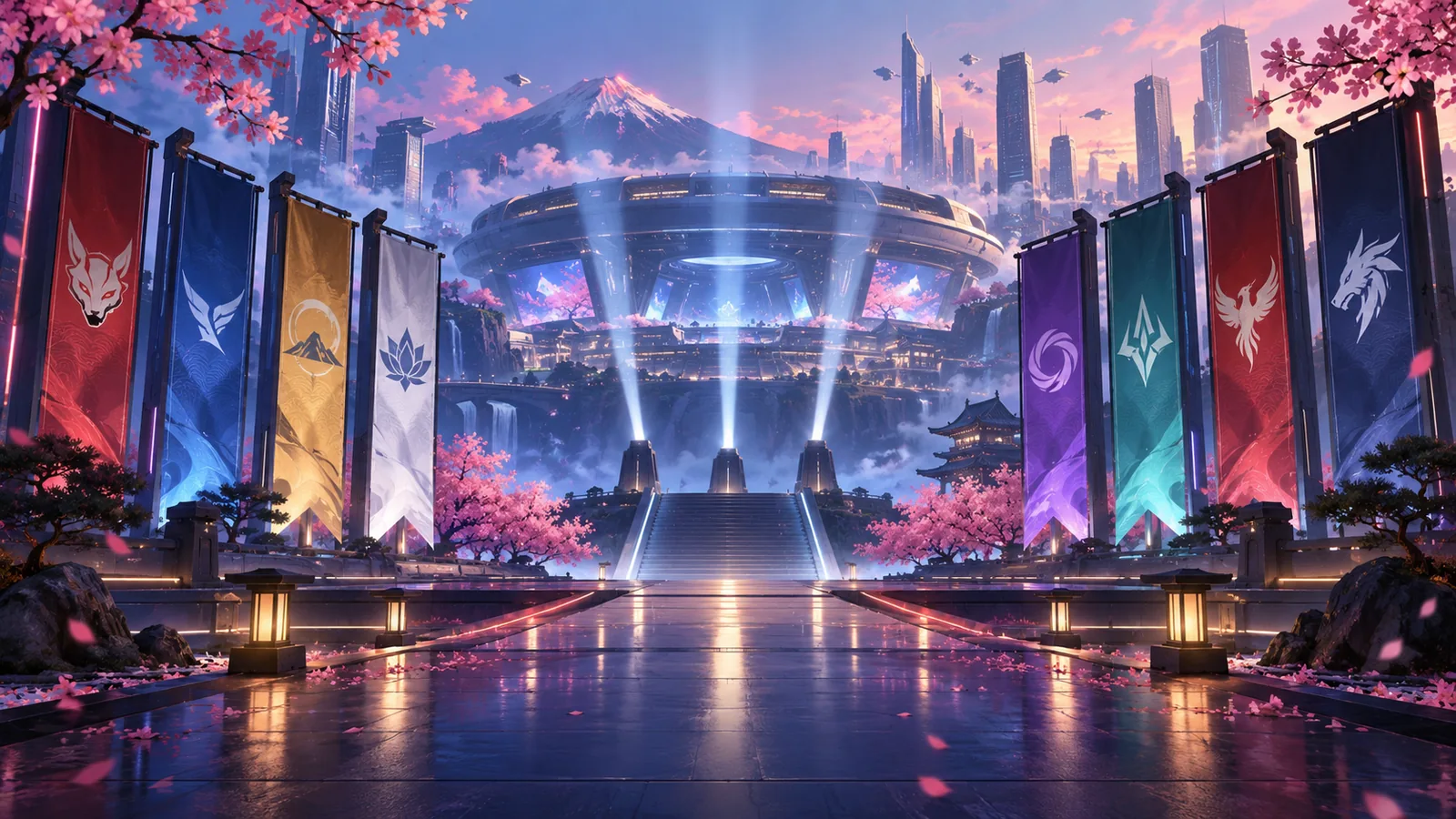 Original editorial illustration of a Japanese esports arena and tournament bracket motifs.