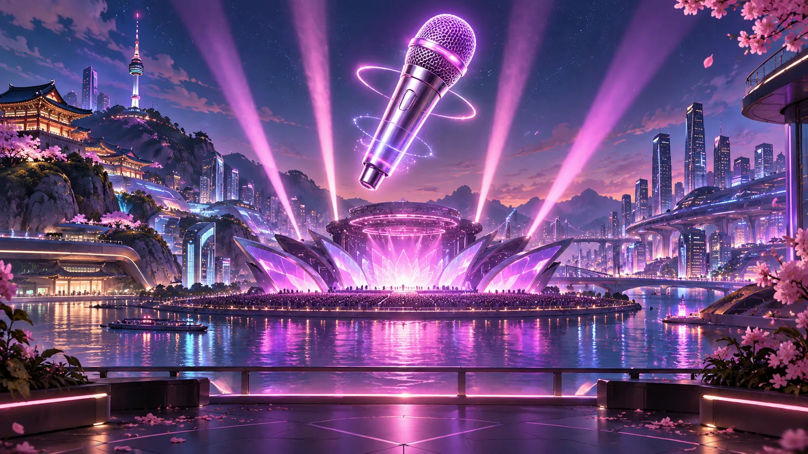 Original editorial illustration of a brightly lit music-video stage.