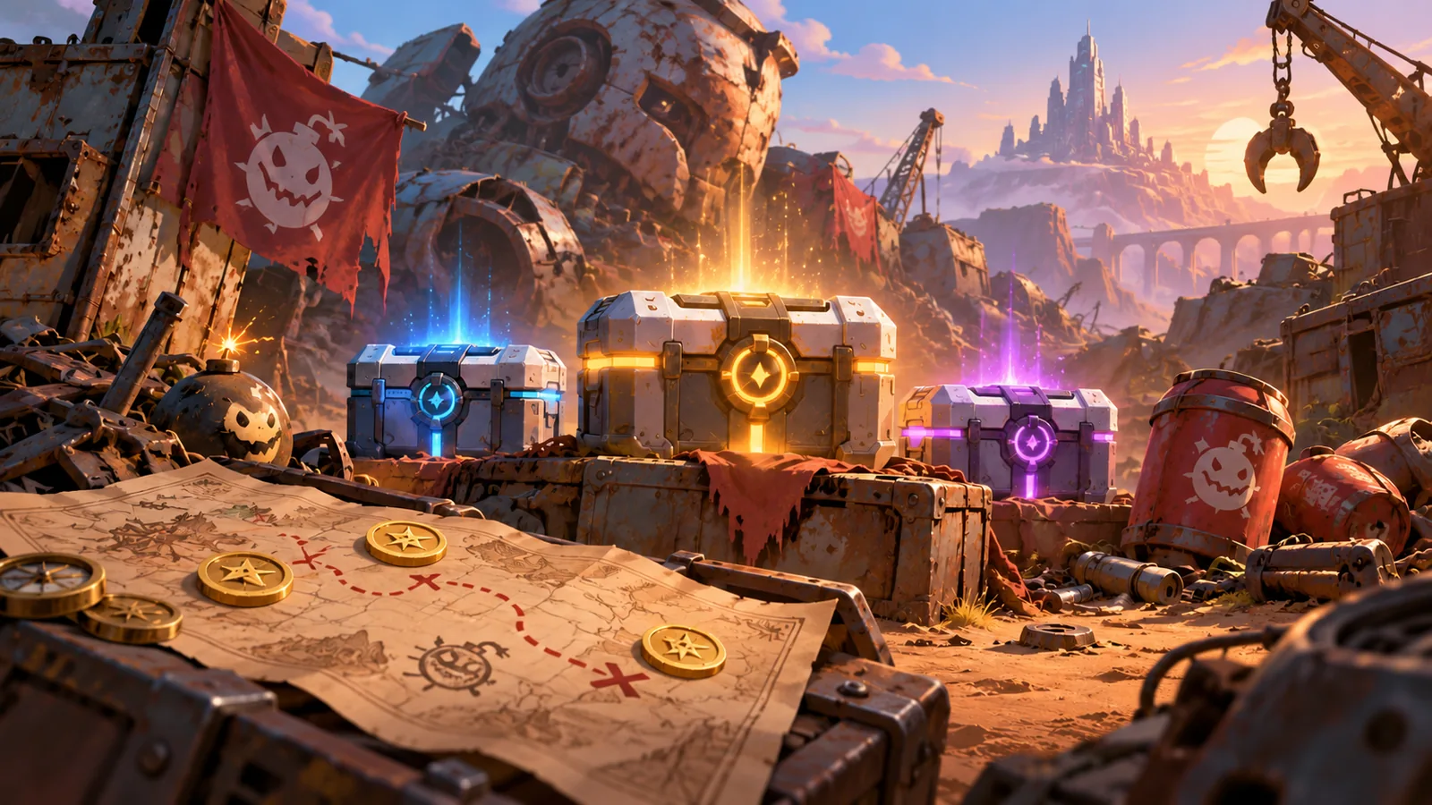 Original editorial illustration of three glowing reward crates and a treasure map in a scrapyard.