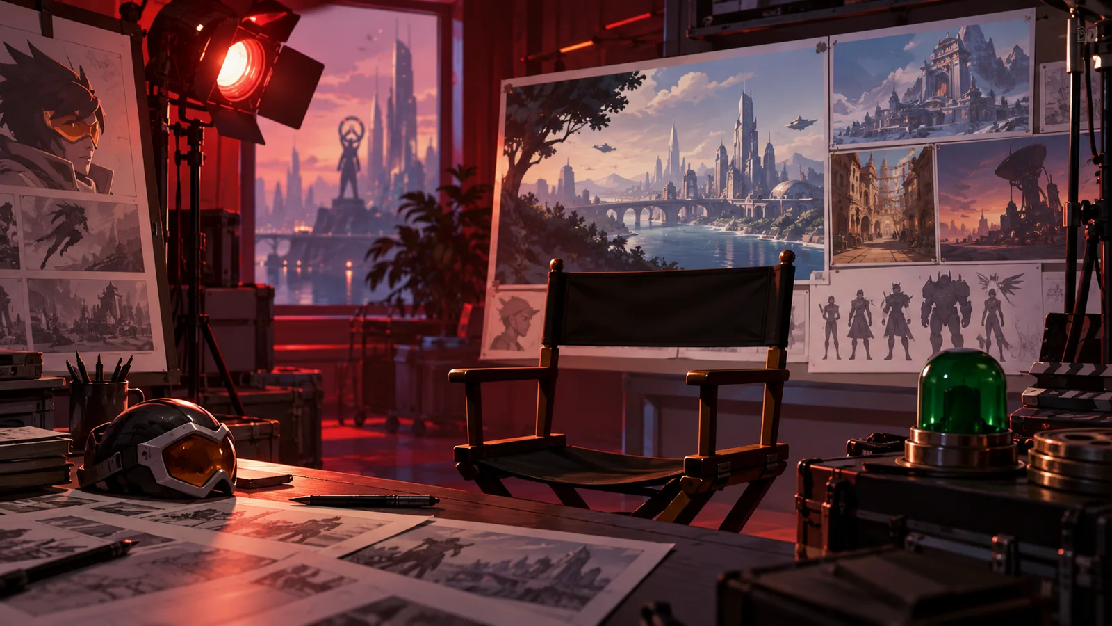 Original editorial illustration of a futuristic screening room, without an official adaptation logo.