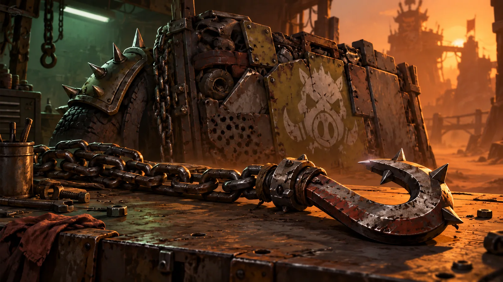 Original editorial illustration of a hooked chain and scrap-metal barricade in a dusty workshop.
