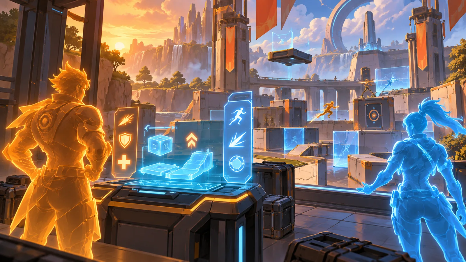 Original editorial illustration of holographic hero silhouettes, upgrade terminals and an experimental arena.