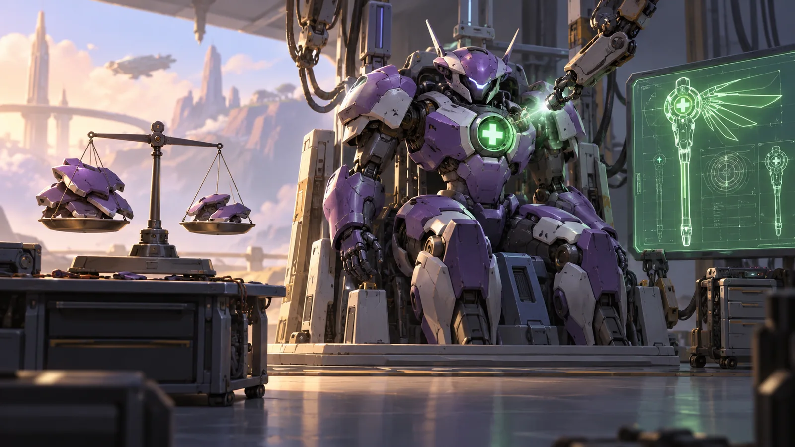 Original editorial illustration of mech armor tuning beside a glowing support station.