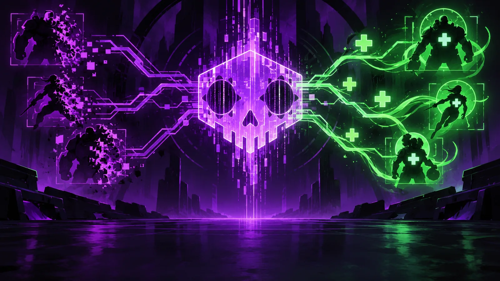 Original editorial illustration of purple hacking technology intersecting a teal healing network.