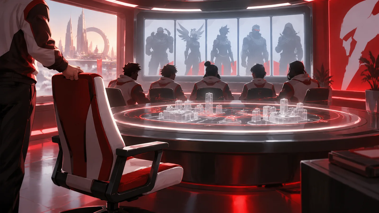 Original editorial illustration of an esports coaching desk and tactical display.