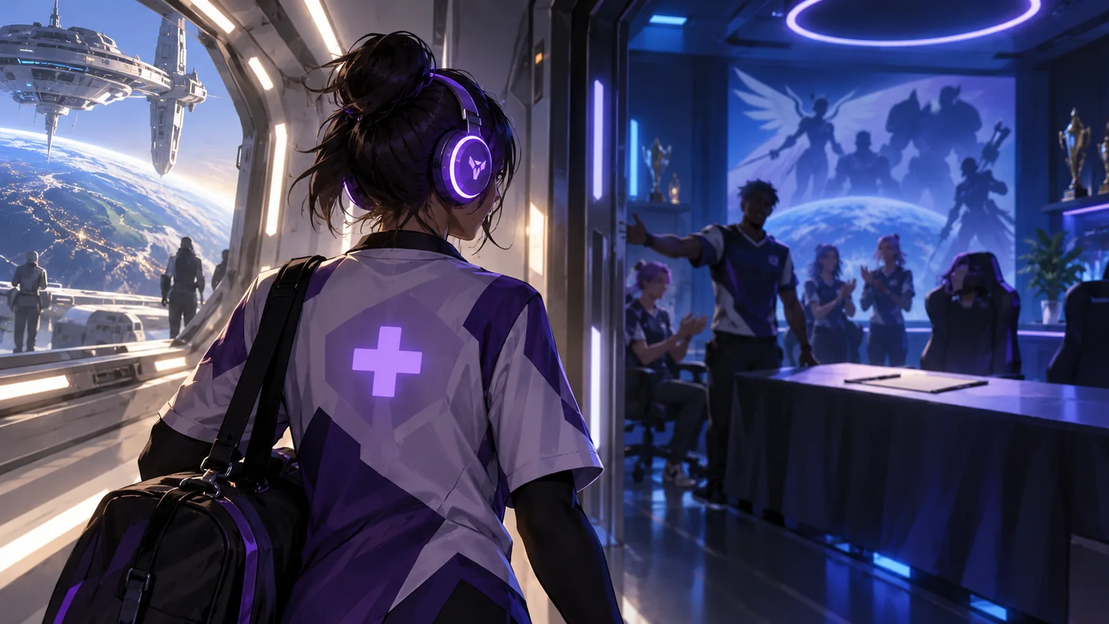 Original editorial illustration of a blue-lit support player's station in an esports arena.