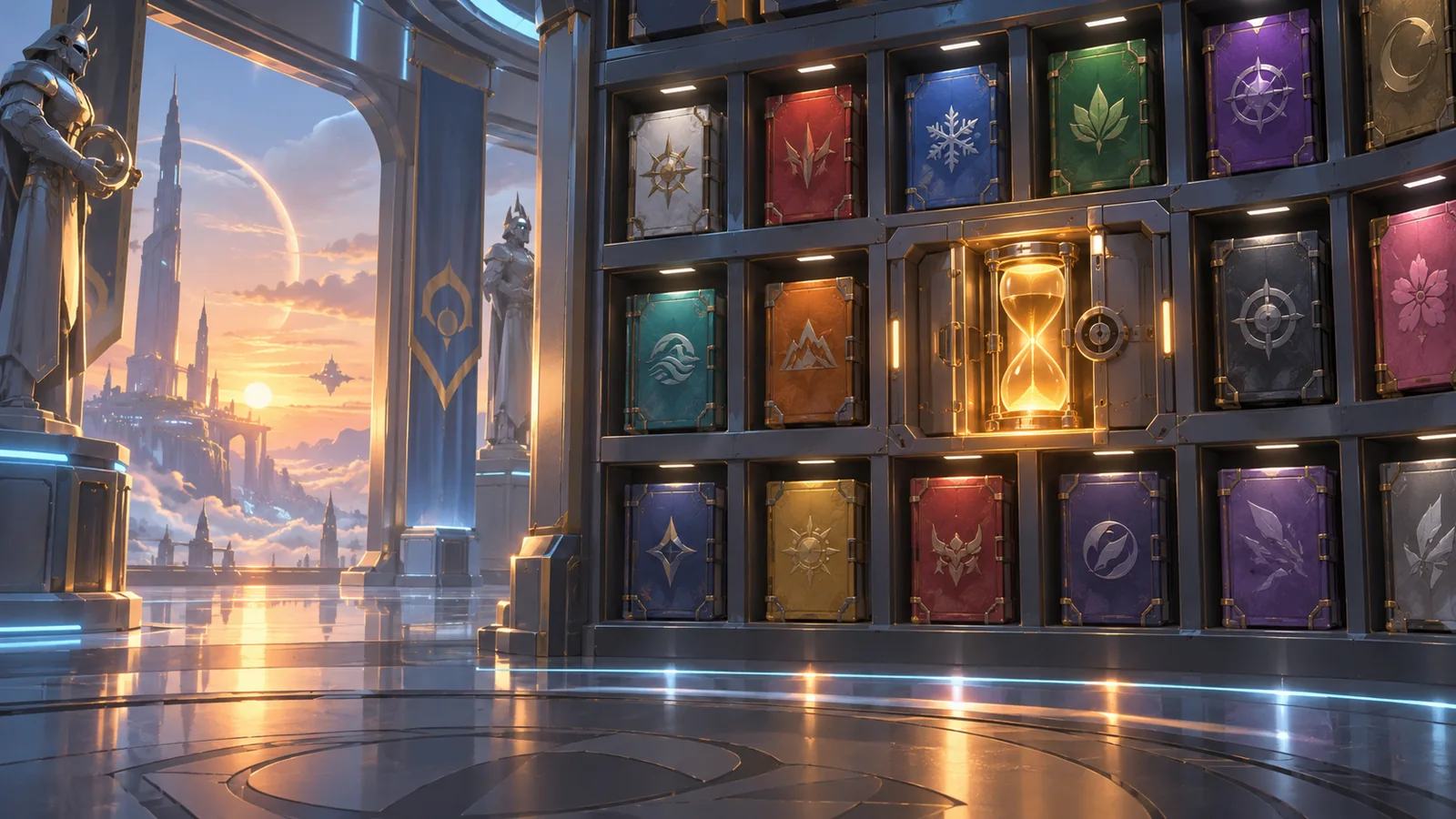 Original editorial illustration of a locked futuristic vault holding cosmetic reward tracks.