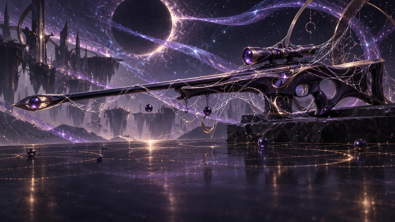 Original editorial illustration of an astral sniper rifle against a violet star field.