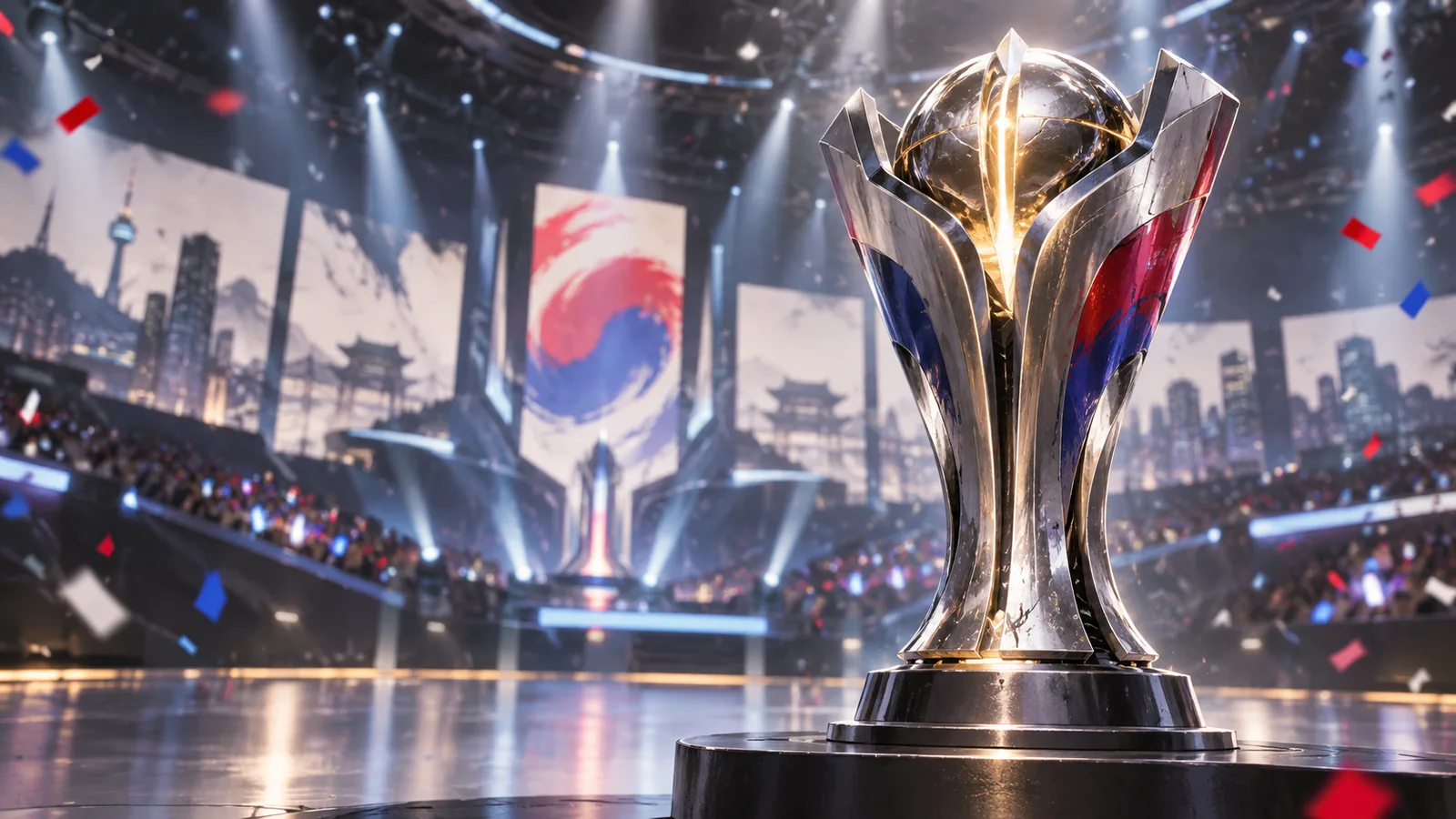 Original editorial illustration of a championship trophy and South Korean colors in a tournament arena.