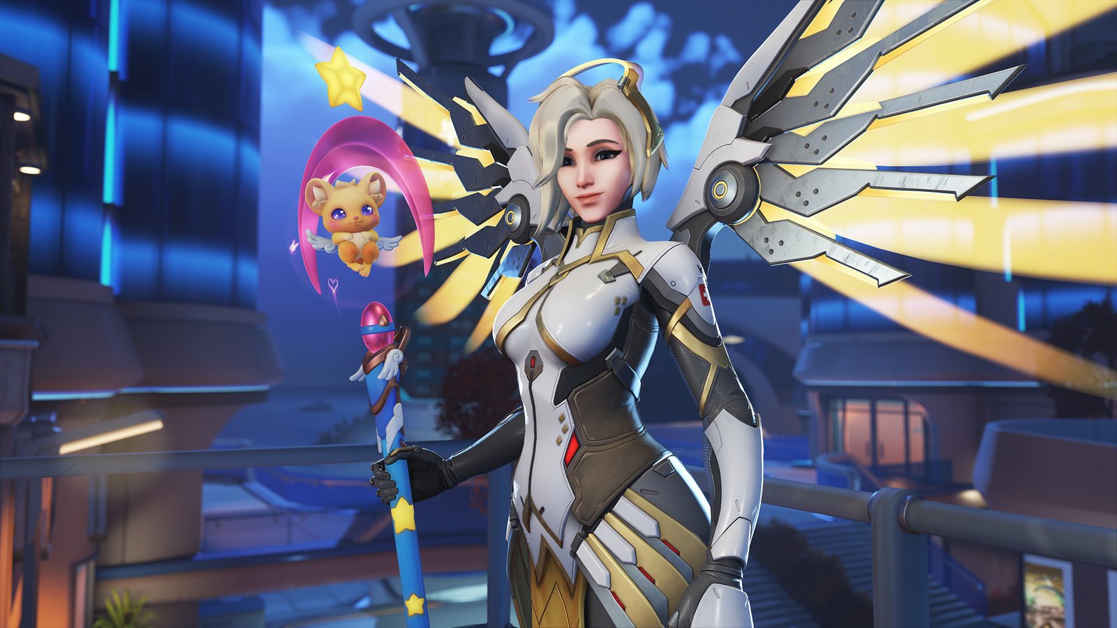 Official Overwatch artwork accompanying Mythic Merciful Magitech Mercy Weapon Skin.
