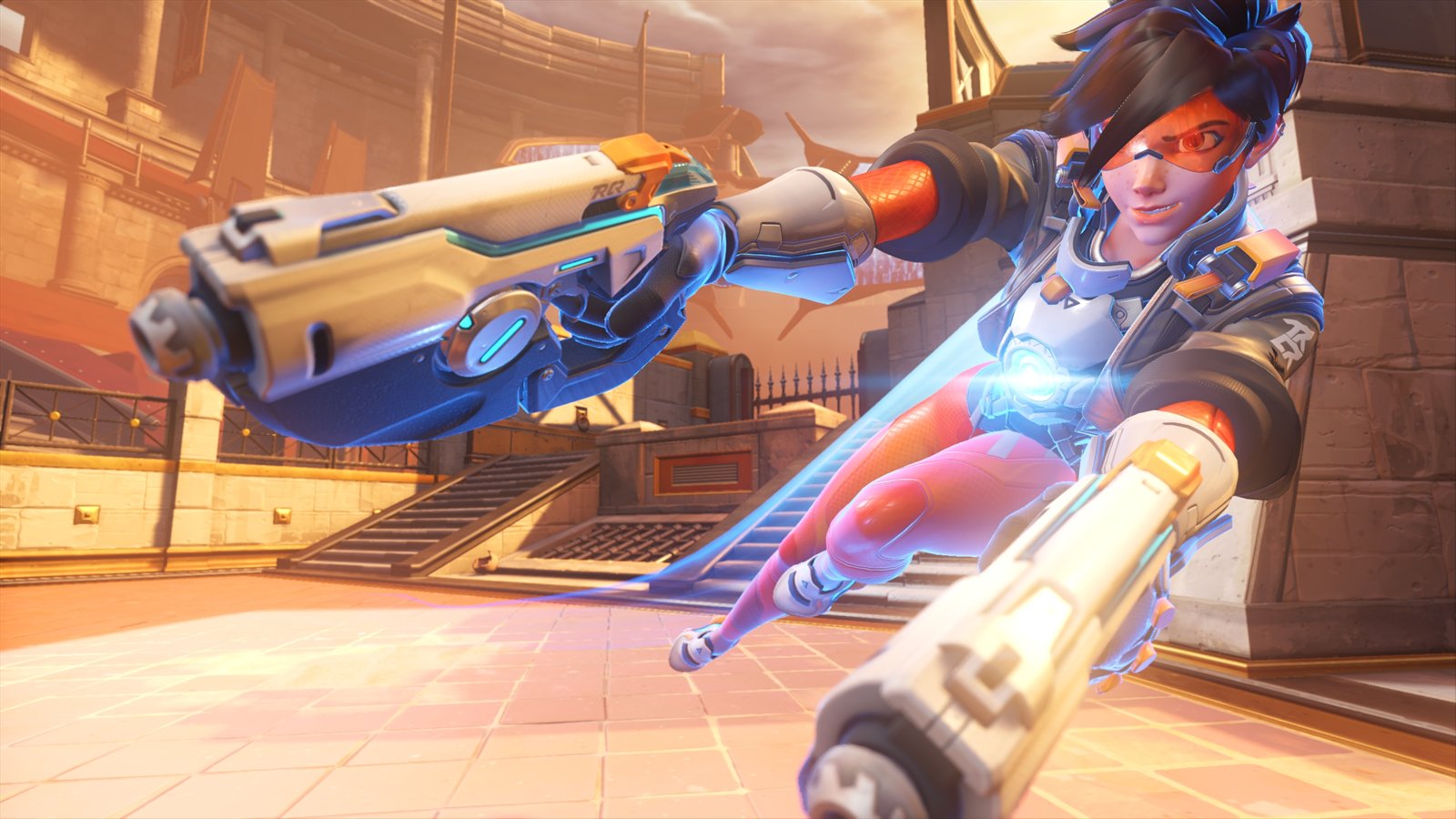 Official Overwatch artwork accompanying Tracer Blinks into Stadium.