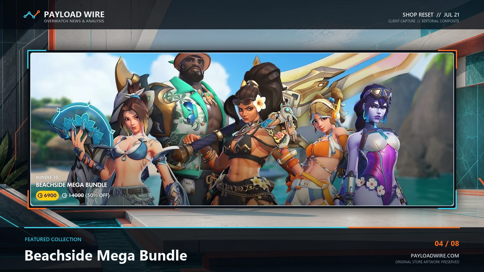 Six heroes displayed in the Overwatch Beachside Mega Bundle.