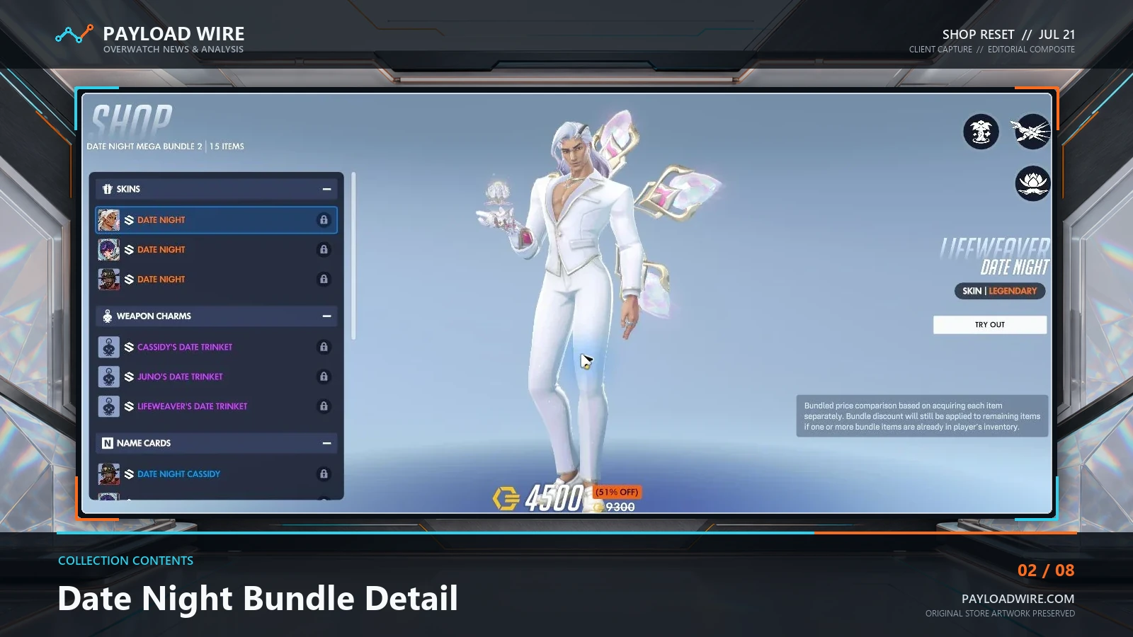 The Date Night Mega Bundle item list with a Lifeweaver skin preview.