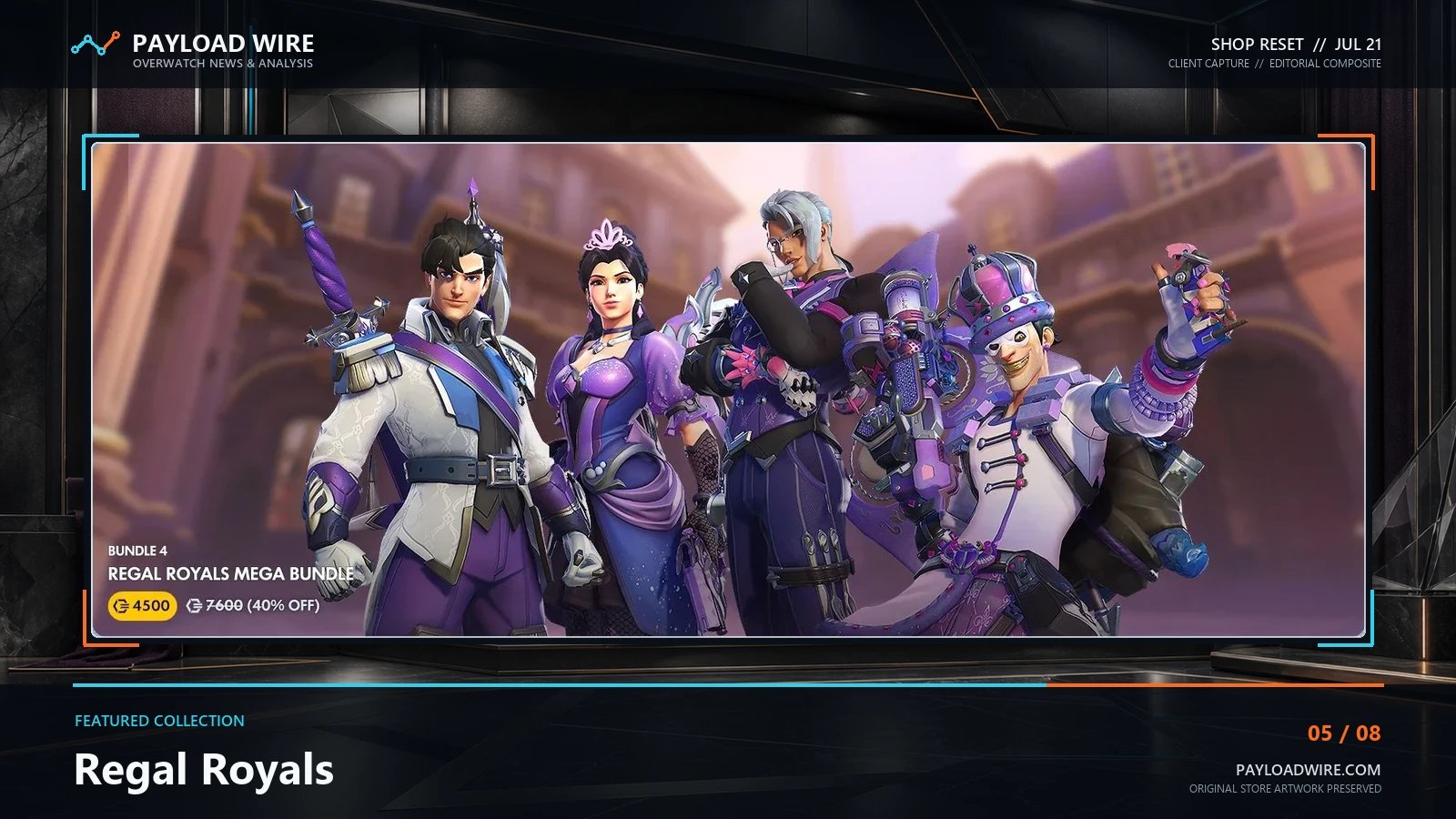 Four heroes in the purple and silver Regal Royals Mega Bundle.